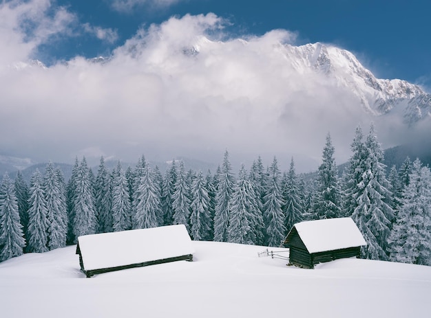 Paisagem do inverno com casas de madeira nas montanhas