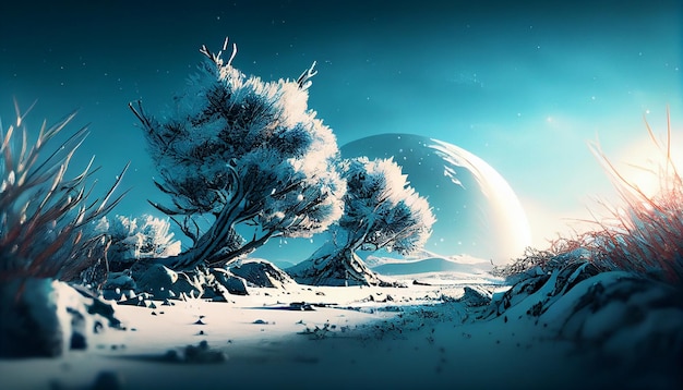 Paisagem do inverno da fantasia com árvores cobertas de neve e montanhas generative ai