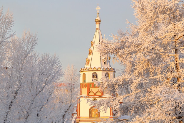 Foto paisagem do inverno de árvores geladas e igreja no parque da cidade.