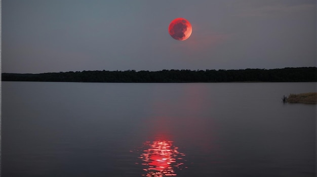 Paisagem do lago com uma lua vermelha