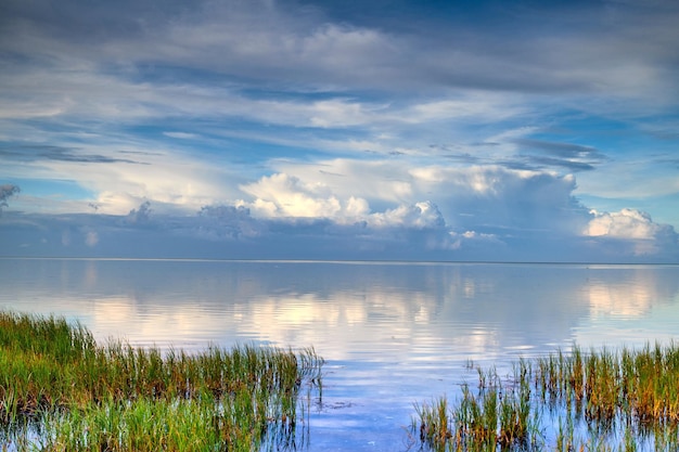 Paisagem do lago do mar ou lagoa contra o fundo do céu com nuvens e espaço de cópia Golfo com juncos e grama selvagem crescendo na costa vazia fora Calma pacífica e bela vista cênica na natureza