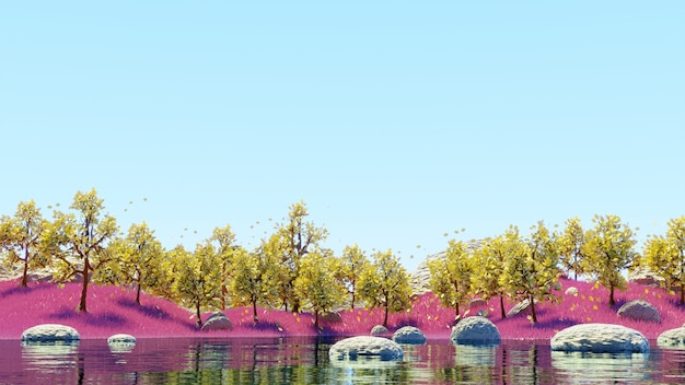 Foto paisagem do lago e do céu, árvores amarelas e grama rosa renderização em 3d