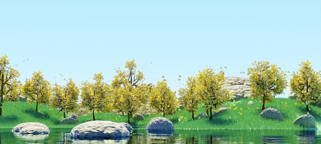 Paisagem do lago e do céu com árvores amarelas e grama verde renderização em 3D