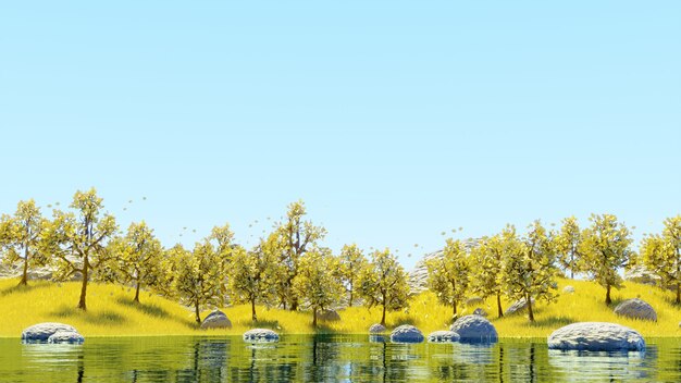 Paisagem do lago e do céu Árvores AMARELAS e grama AMARELA renderização em 3D