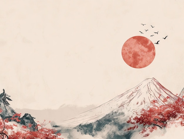 Foto paisagem do monte fuji e flores de cerejeira na noite de primavera desenho de paisagem para o corte de papel de primavera e ilustração de estilo artesanal