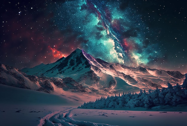 Paisagem do norte, aurora boreal, montanhas cobertas de neve e estrelas da Via Láctea no céu Generative AI