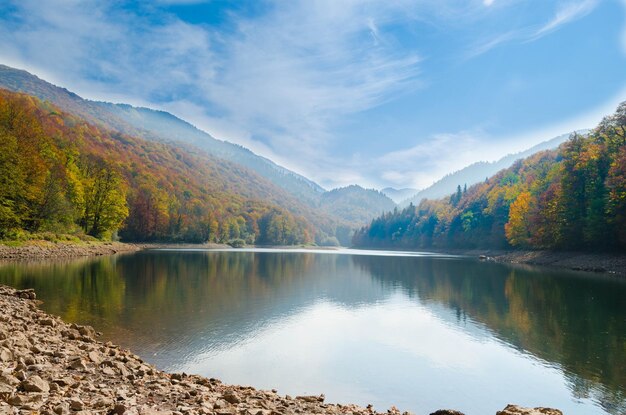 Paisagem do outono em um lago de montanhaas folhas amareladas das faias são refletidas na água