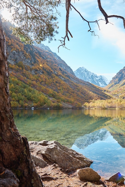 Paisagem do outono no lago das montanhas com árvores douradas de água clara nas encostas da costa de pedra das montanhas