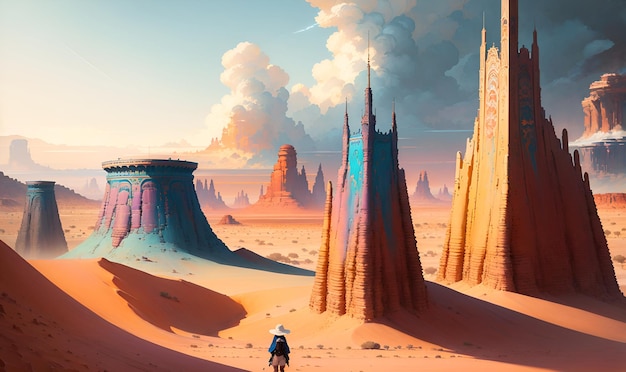 Paisagem do planeta alienígena com estruturas de alta tecnologia arte digital jogo mágico fundo da arte da parede Generative AI