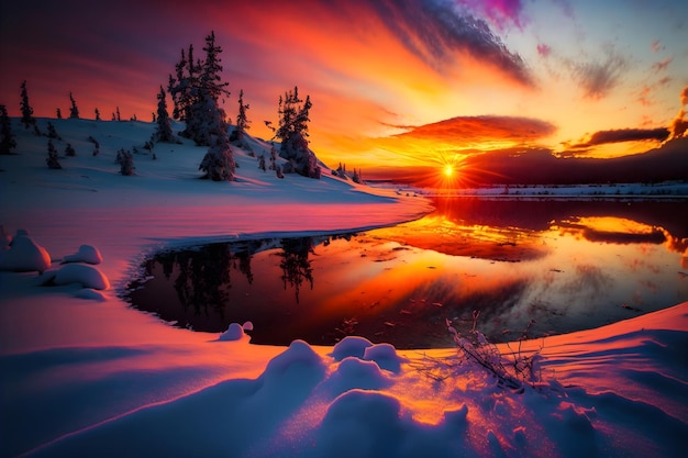 Paisagem do pôr do sol de inverno com cores vivas, árvores de neve e montanhas distantes arte gerada pela rede neural