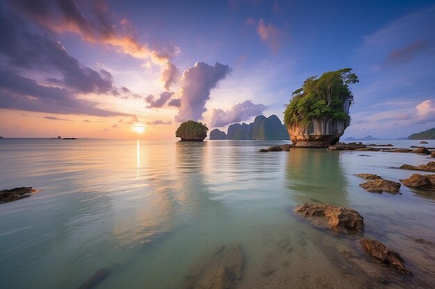 Paisagem do pôr-do-sol em Cape Coral no mar de Andaman em Phang ngasouthern da Tailândia