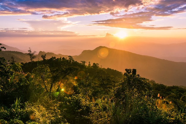 Paisagem do por do sol sobre montanhas da névoa e céu crepuscular sobre os montes na floresta.