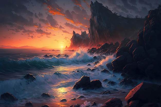 Paisagem do pôr do sol sobre o oceano com uma costa rochosa e ondas abaixo de AIGenerated