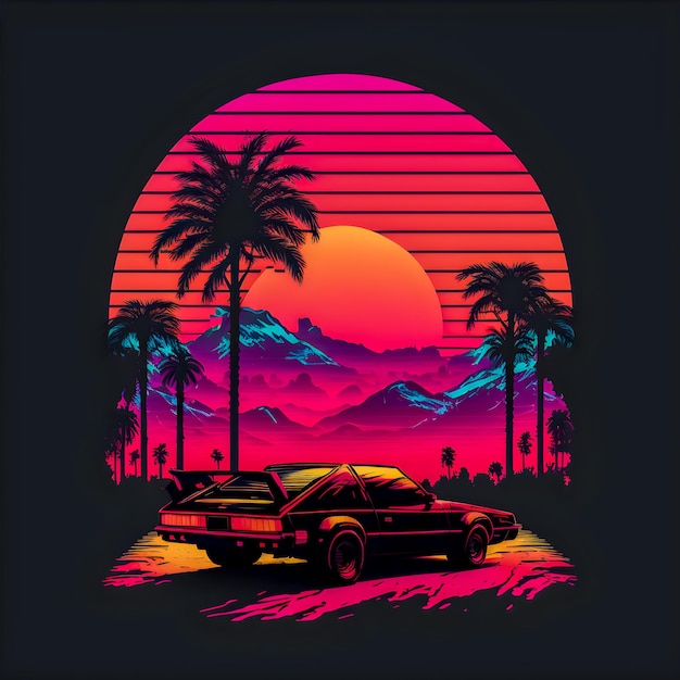 Paisagem do pôr do sol Synthwave com ilustração de onda retrô de palmeiras