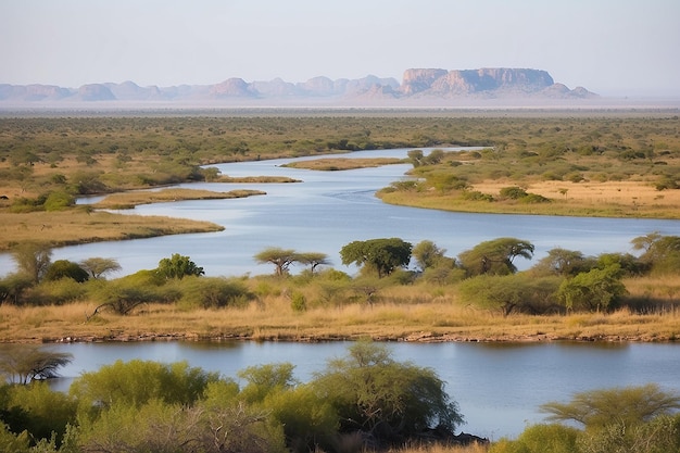 Paisagem do rio Chobe vista da faixa de Caprivi na Namíbia fronteira com Botsuana África Parque Nacional Chobe