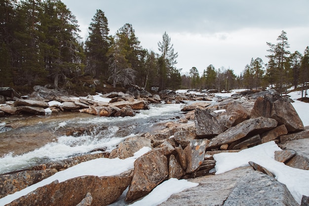 Paisagem do rio da montanha e cachoeira fluindo entre as rochas cobertas de neve e a floresta