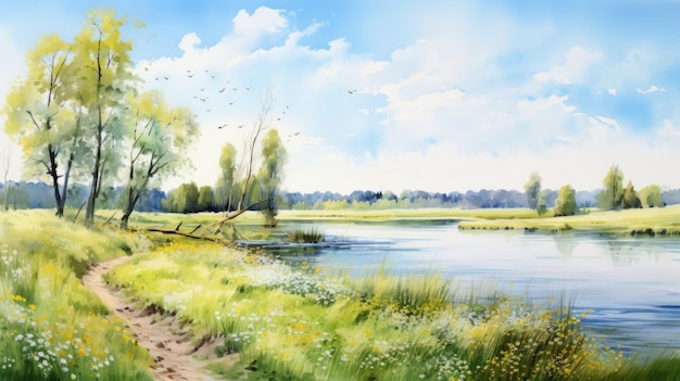 Paisagem do rio Dnieper Aquarela Pintura com salgueiros e álamos