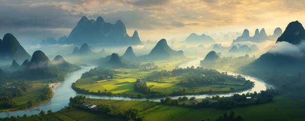 Paisagem do rio Guilin Li e montanhas cársticas China Generative ai