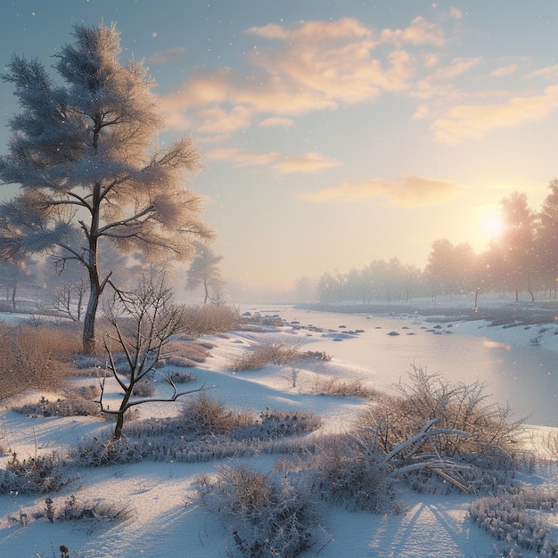 Paisagem do Solstício de Inverno Rio nevasco e árvores