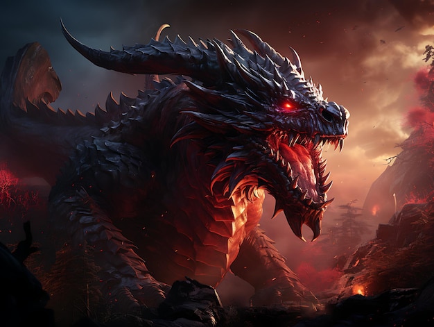 paisagem dragão vermelho aterrorizante tesouros bloodcore pintura digital UHD 16K altamente detalhado