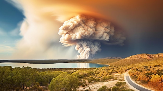 Paisagem dramática com fogo pesado e nuvens de fumaça no incêndio florestal da Austrália Ocidental
