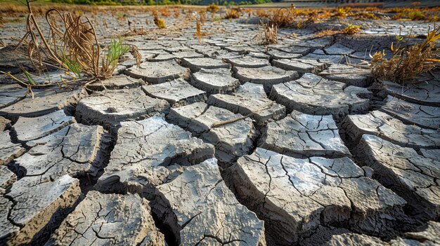 Paisagem dramática da Terra rachada ao sol, retratando seca extrema e mudanças ambientais com