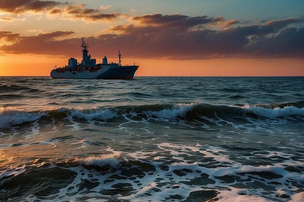 Foto paisagem dramática de fogo com o mar belo céu e navios amanhecer pequenas ondas quase calmo