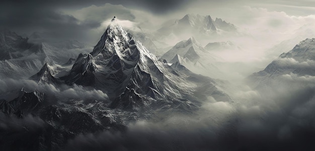 Paisagem dramática de montanhas cobertas de neve Nuvens e nevoeiro cobrem encostas de pedra IA generativa
