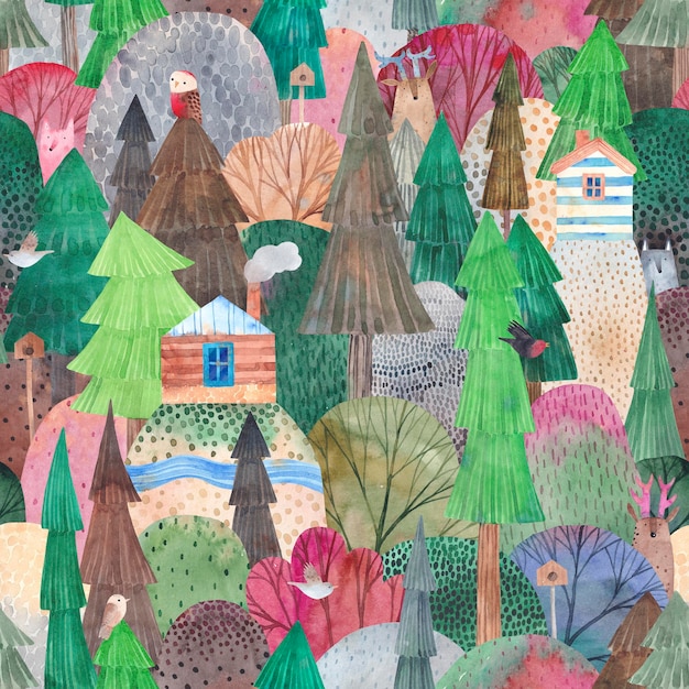 Paisagem em aquarela Padrão bonito e sem costura Animais na floresta Textura criativa em aquarela para embrulho de tecido papel de parede têxtil vestuário Ilustração desenhada à mão