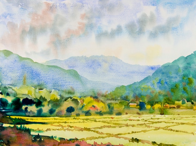 Paisagem em aquarela pintura original em papel colorido de casa de campo de vila e campo de arroz na montanha com céu