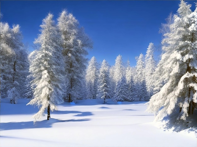 Paisagem em uma floresta de inverno com montes de neve cobertos por árvores coníferas de neve branca e árvores escuras