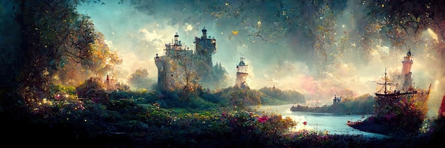 Paisagem encantada de conto de fadas, magia, fantasia, floresta, navio no lago. Ilustração digital