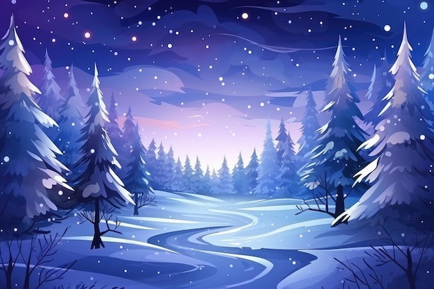 Foto paisagem encantadora de noite de inverno com árvores cobertas de neve e céu estrelado