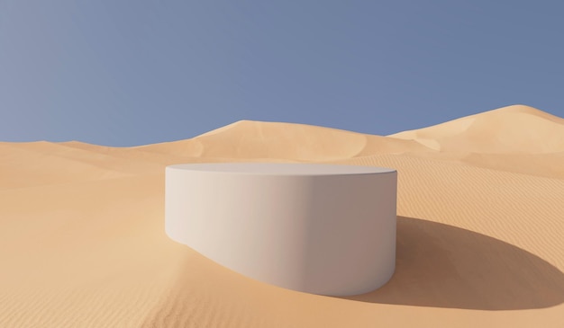 Paisagem ensolarada da areia do deserto com renderização 3D do pódio da colocação do produto