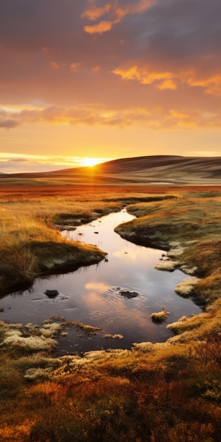 Paisagem escocesa Um riacho fluindo através de um campo ao pôr-do-sol