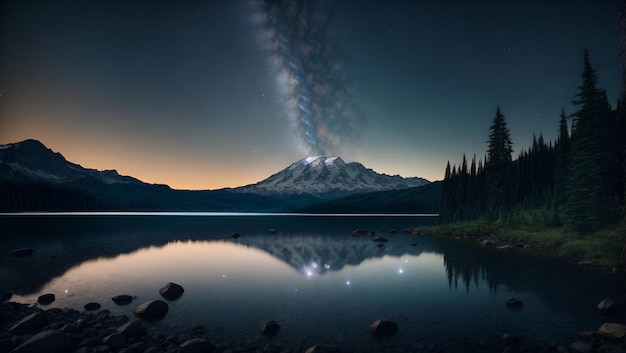 Foto paisagem escura árvores noite estrelada estrelas galáxia no céu