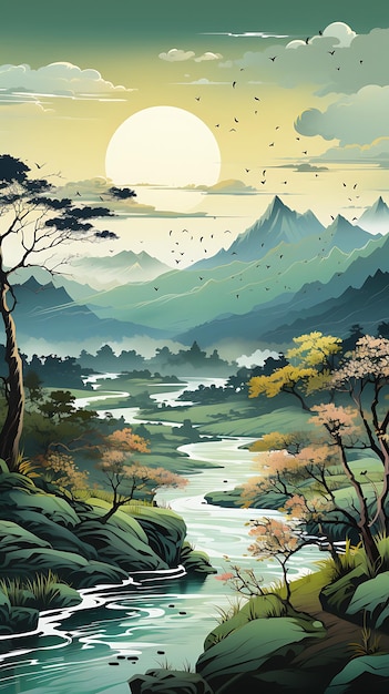 Foto paisagem estilo de pintura chinesa paisagem pintura a tinta fresca limão gre natureza impressionante e pacífica