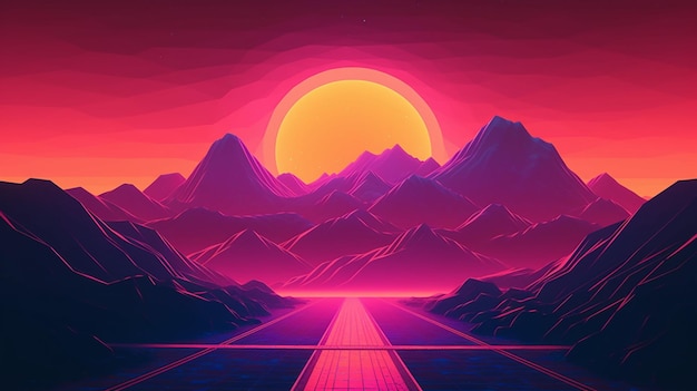 Paisagem estilo Synthwave com montanhas rodoviárias e pôr do sol