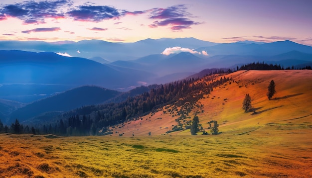 Paisagem fantástica da montanha da manhã Céu colorido nublado