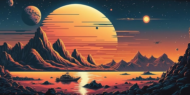 Foto paisagem fantástica de planeta alienígena com rochas e lago no pôr do sol cartaz de estilo dos anos 80 generative ai