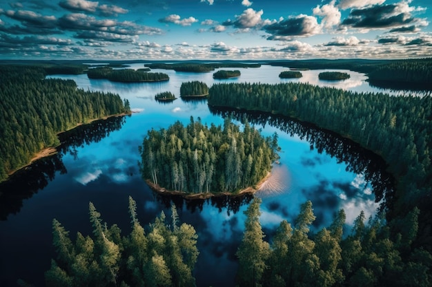 Paisagem finlandesa capturada por voo de drone sobre lagos e florestas