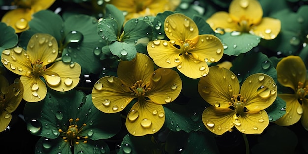 Paisagem floral chuvosa do País das Maravilhas com gotas de água
