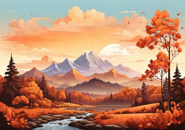 paisagem floresta de outono com montanha e céu ilustração
