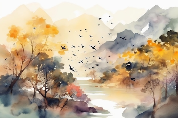 Paisagem floresta e lago florestal com pássaros voadores pintura a aquarela em papel texturizado