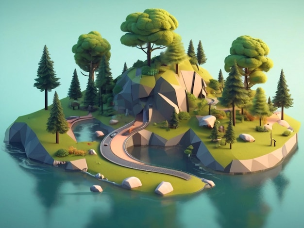 Paisagem florestal 3D no monte com rio Ilustração de jogo renderizada em 3D Ai Imagem Gerada