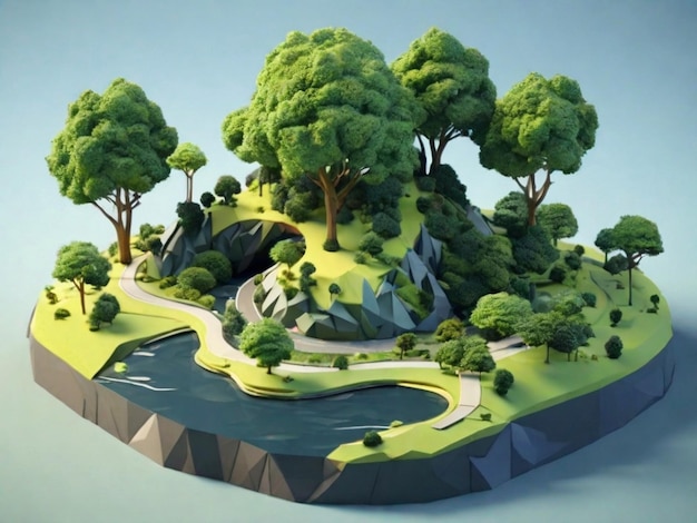 Paisagem florestal 3D no monte com rio Ilustração de jogo renderizada em 3D Ai Imagem Gerada