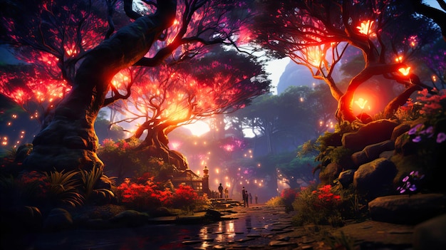 Paisagem florestal de fantasia com árvores misteriosas e um fundo azul Imaginação da natureza e cenário de sonho