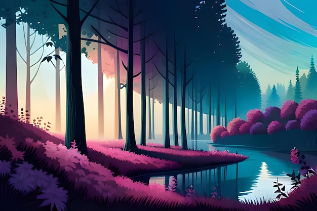 Paisagem florestal de fantasia com lago e árvores vetor ilustração ilustração abstrata generativa