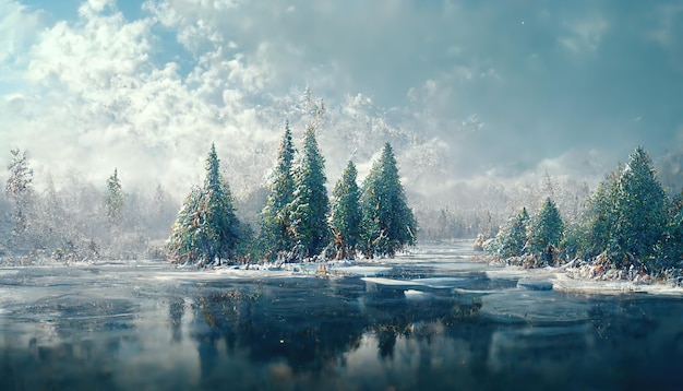 Paisagem florestal de inverno com árvores coníferas de um lago congelado e montanhas cobertas de neve ilustração 3d