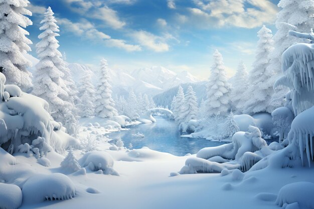 paisagem florestal de inverno com rios e árvores cobertas de neve